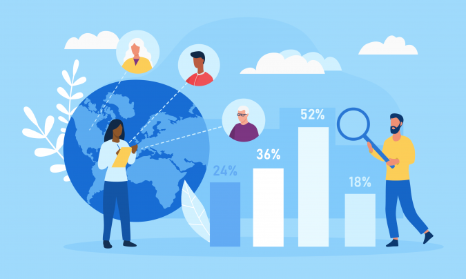 Two people with different age group in blue background searching for demographic data