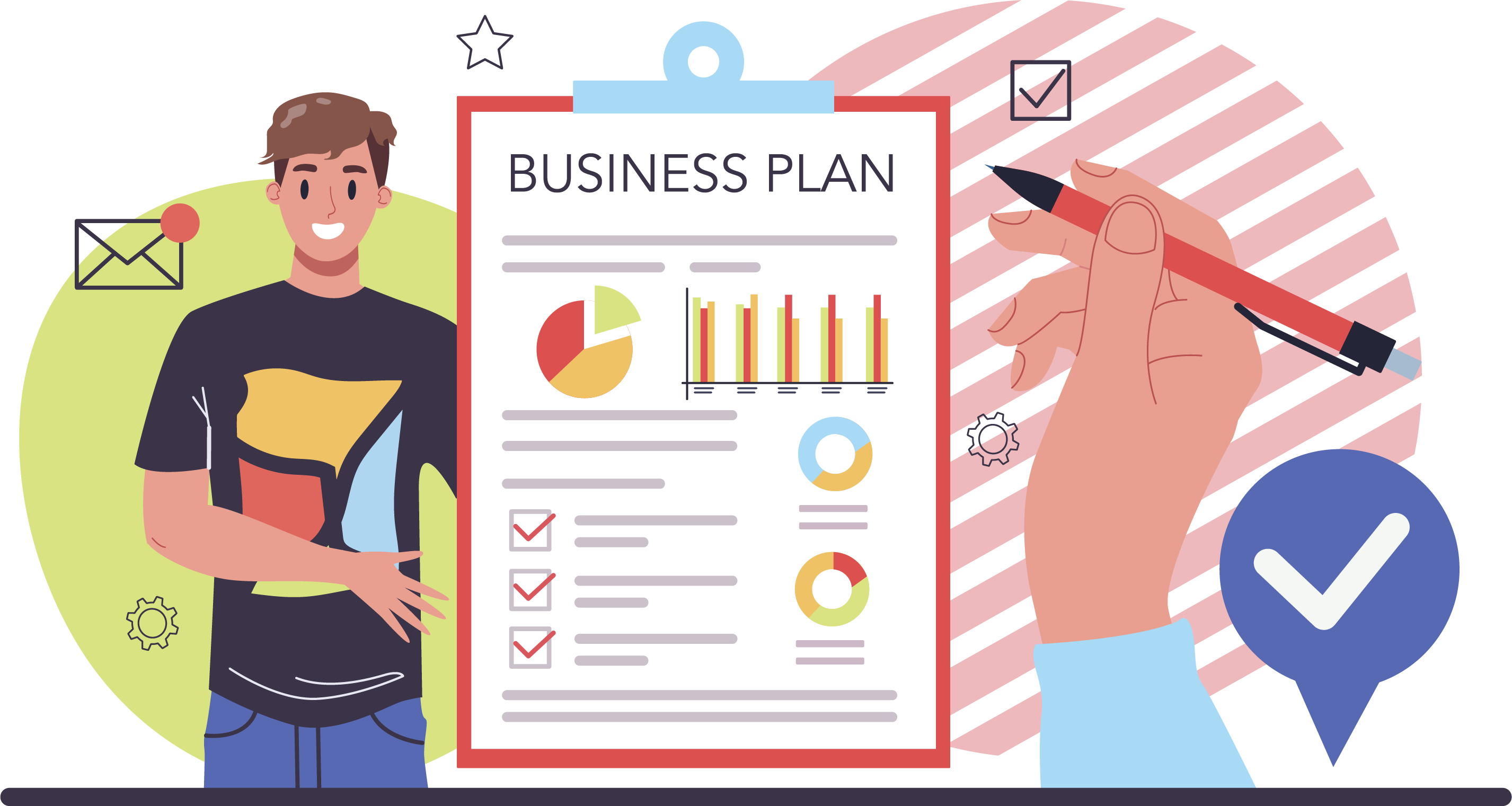 A man preparing a business plan document that includes a great marekting plan too.