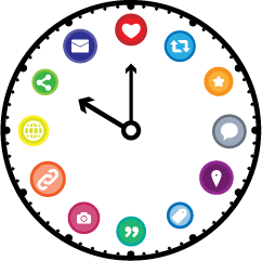 A colorful clock with like, comment, location, camera, hashtag, and link signs instead of numbers. 